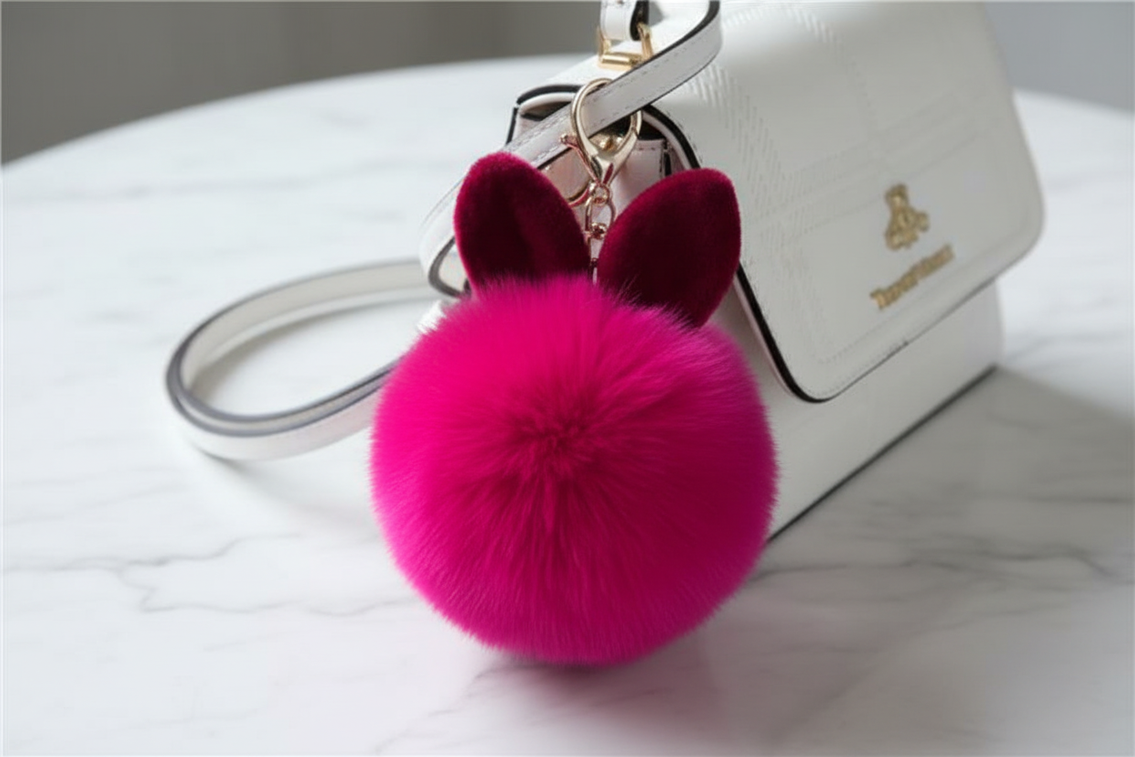 Close-up of a soft, fluffy rabbit plush bag charm attached to a white handbag, showcasing the tactile sensory texture.