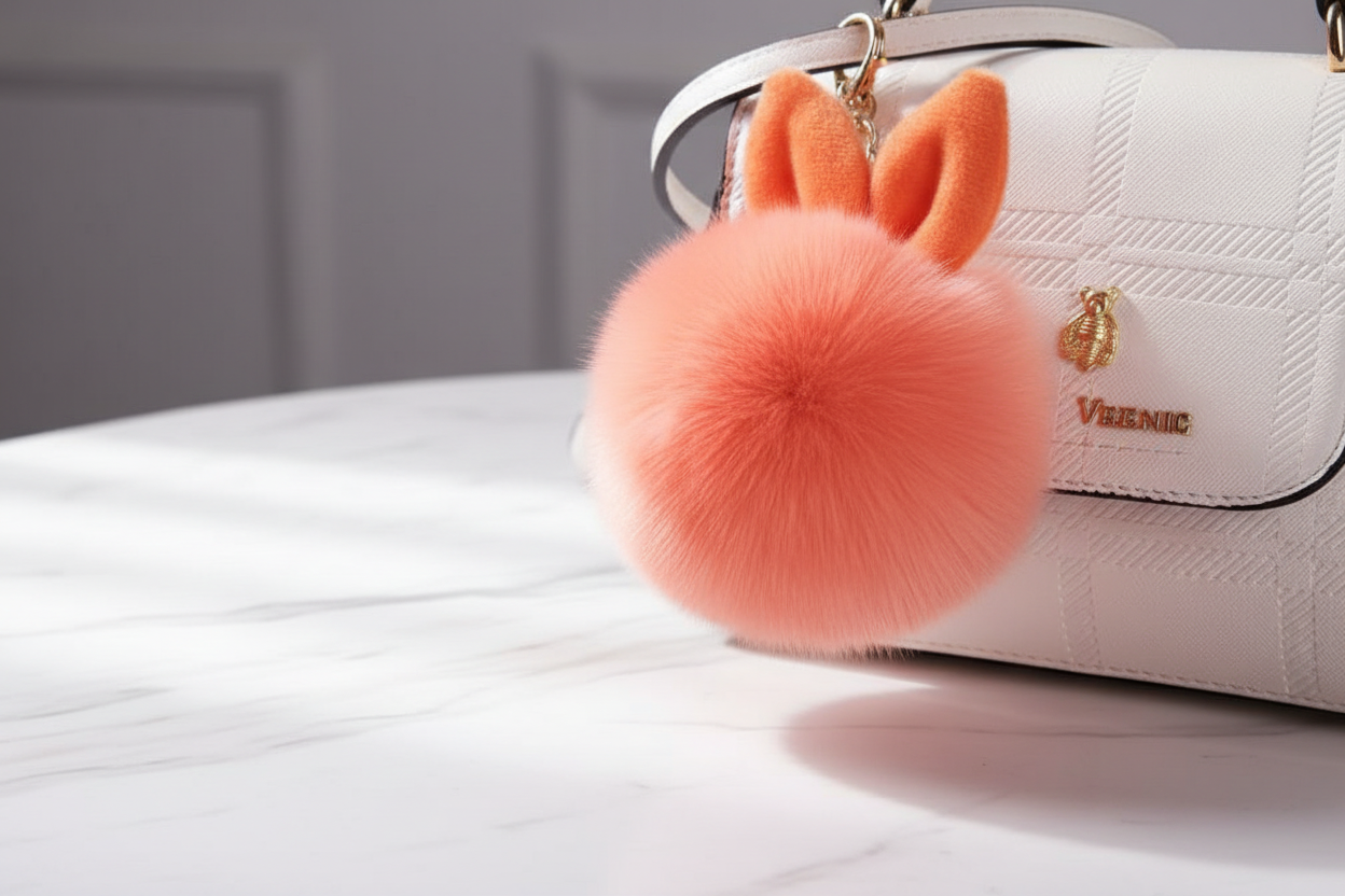 Close-up of a soft, fluffy coral rabbit plush bag charm attached to a white handbag, showcasing the tactile sensory texture.