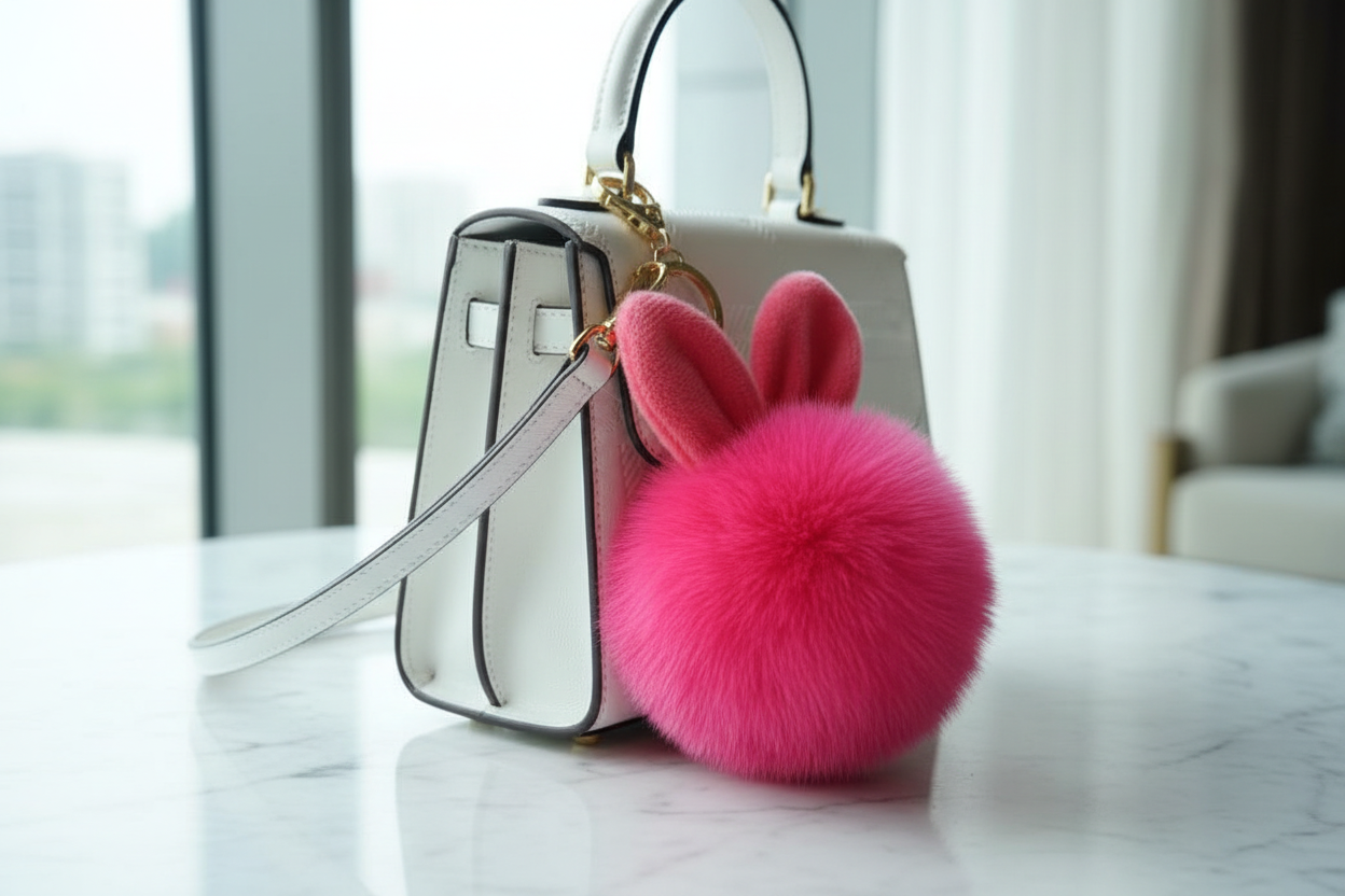 Close-up of a soft, fluffy pink rabbit plush bag charm attached to a white handbag, showcasing the tactile sensory texture.