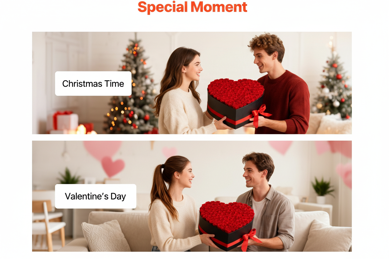 Editorial photo showing heart-shaped roses for special occasions