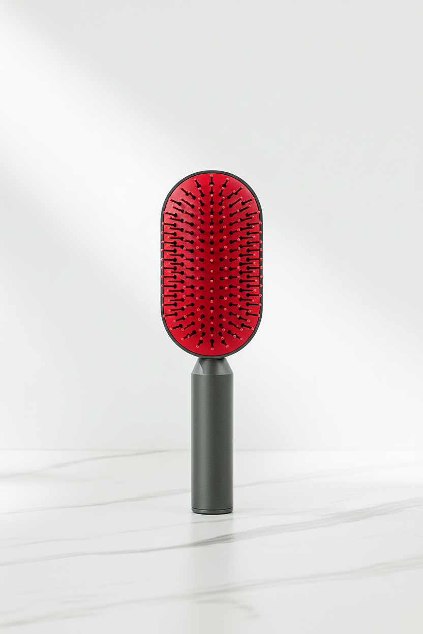 Editorial product listing of clean 3D Self Cleaning Hair Brush portrait