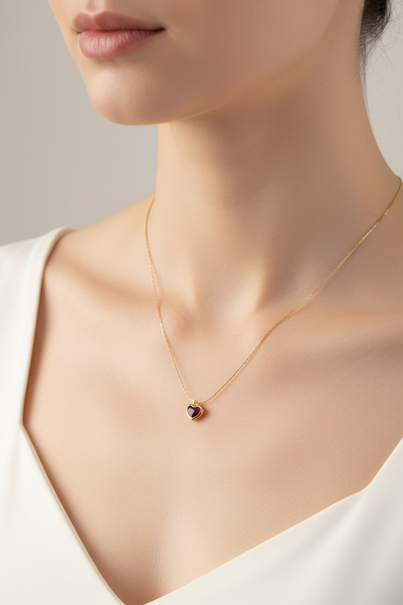 Editorial product listing of gold heart necklace on model