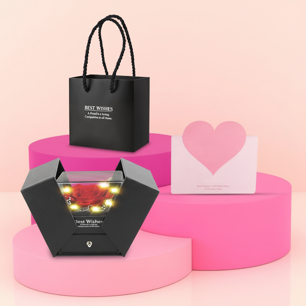 Editorial product listing of preserved rose gift set on pink pedestals