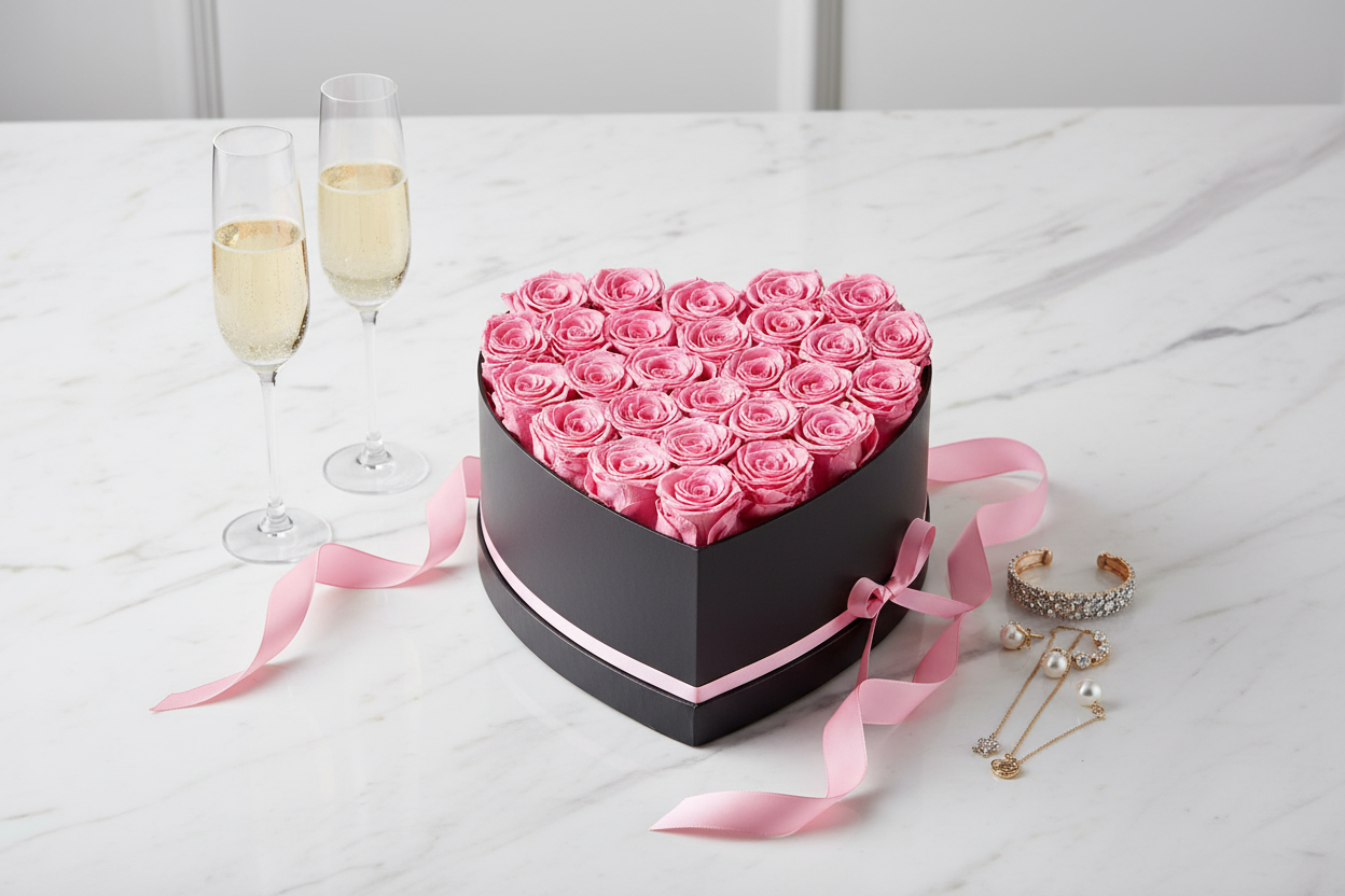 Elegant lifestyle photo of pink preserved roses heart-shaped box