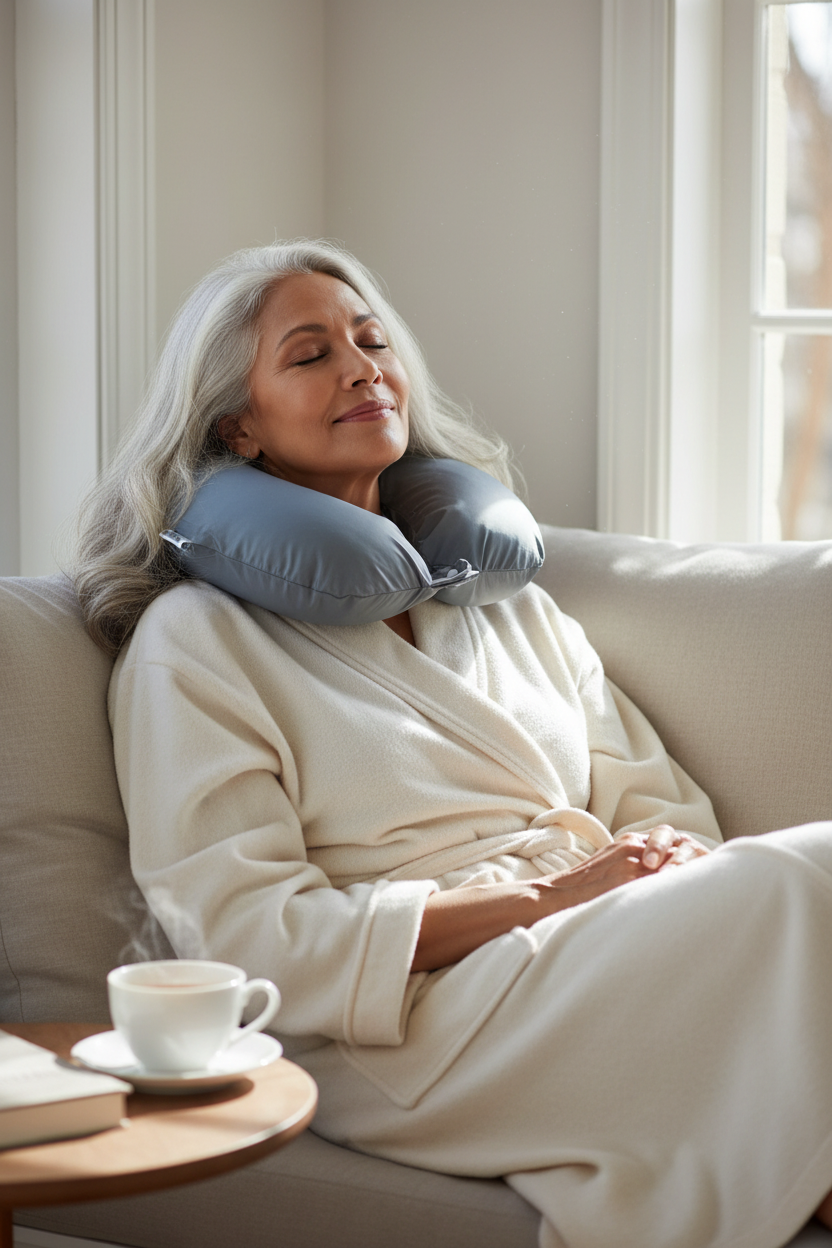 Elegant Older Woman with Slate Blue Neck Pillow