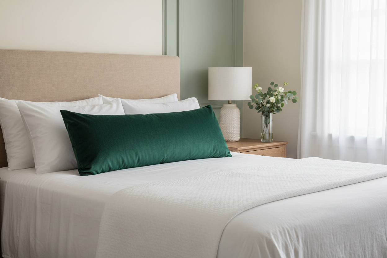 A luxuriously draped Emerald Green Cooling Bamboo Body Pillowcase on a crisp, clean bed, showcasing the silky-smooth texture and weightless feel of premium bamboo viscose. 