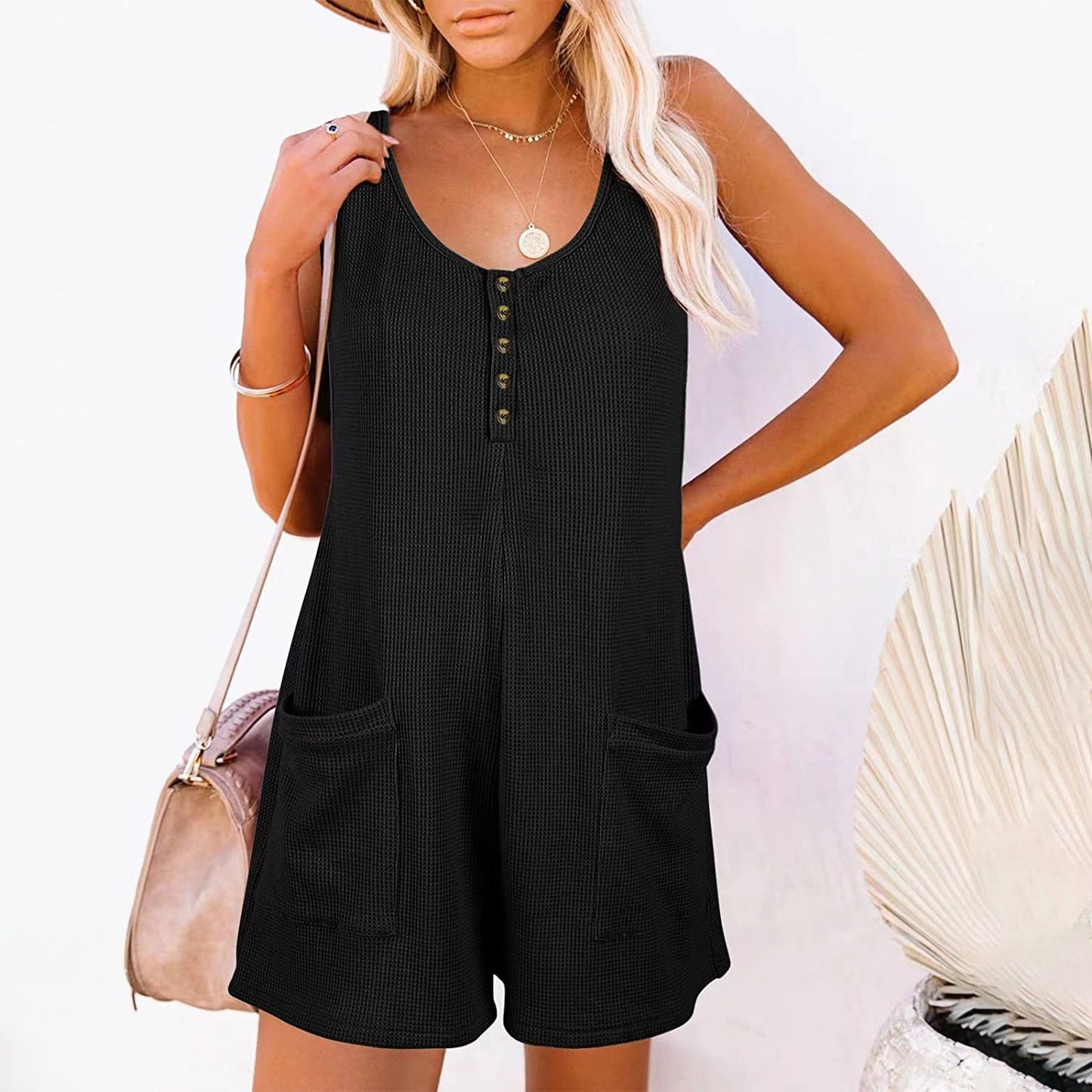 Luxe and Laurel Effortless Summer Romper - Relaxed Button-Front Sleeveless Jumpsuit with Pockets