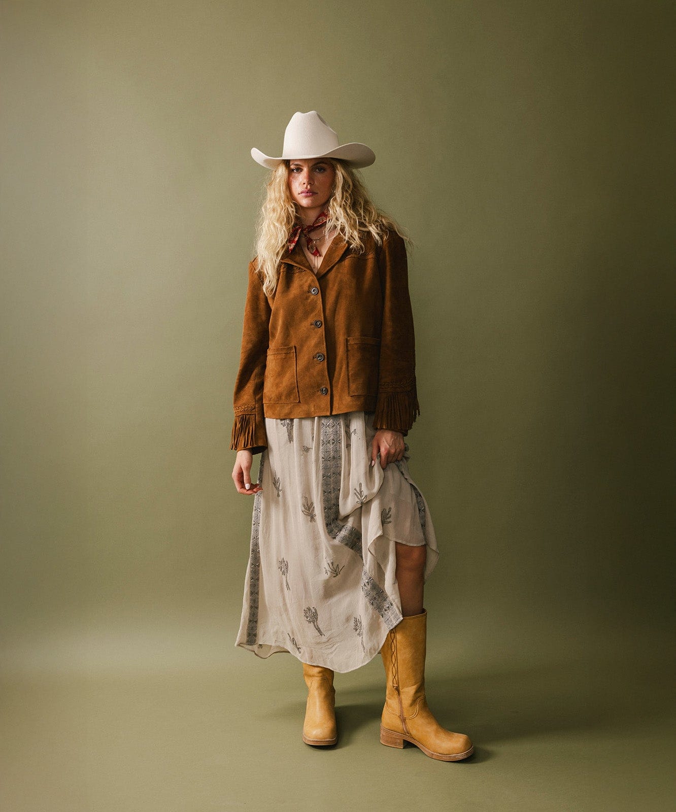 Woman wearing a brown jacket, white hat, and yellow boots against a green background