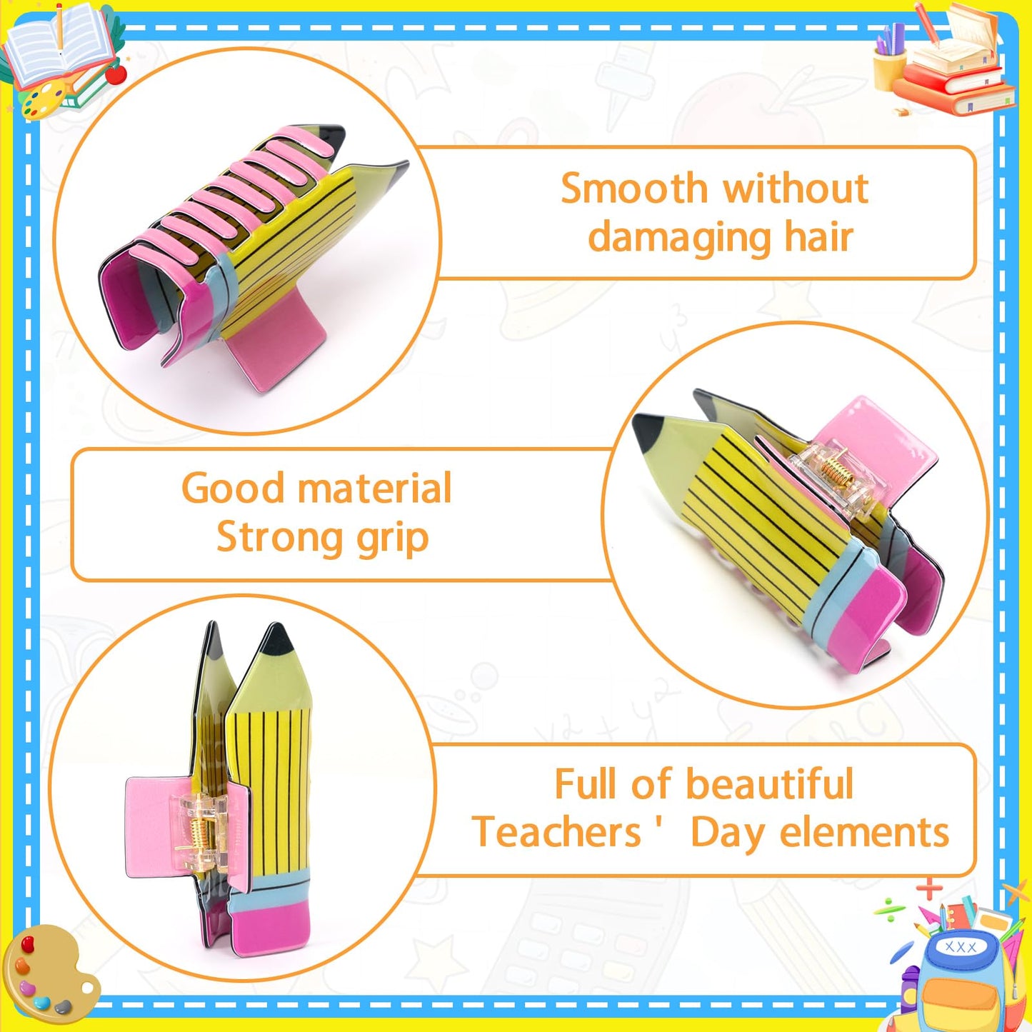 4-Piece Pencil Acrylic Hair Claw Clip Set | Non-Slip Bookish, Teacher & Educator Accessories for Women | Durable School-Themed Hair Accessories