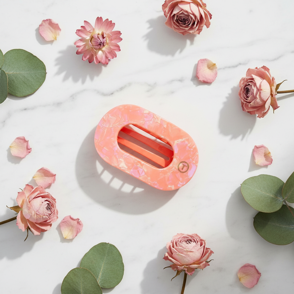 Flat lay on white marble with florals