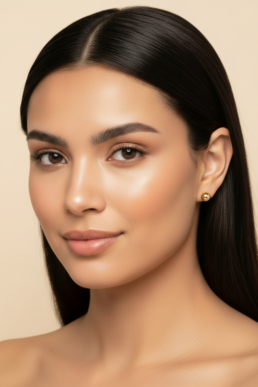 Woman with long dark hair and gold earrings against a beige background