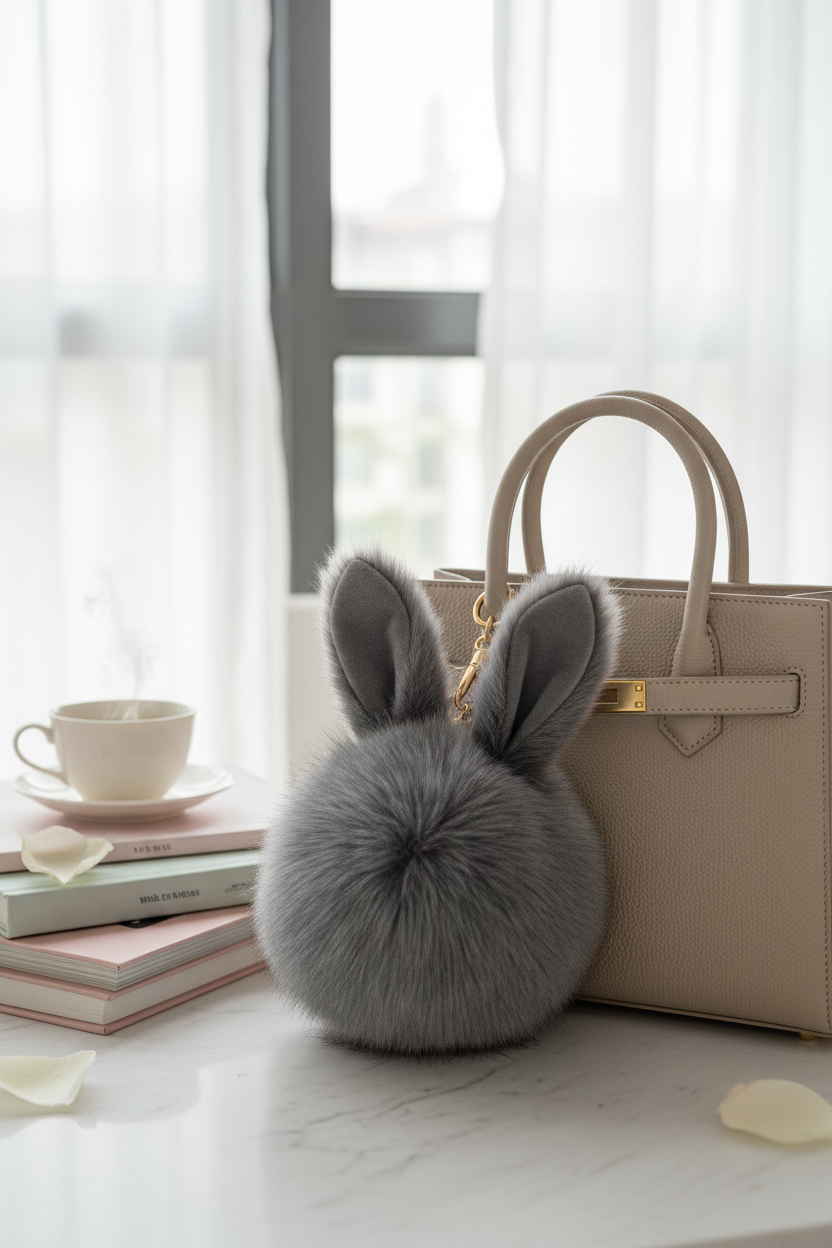 Close-up of a soft, fluffy gray rabbit plush bag charm attached to a tote bag, showcasing the tactile sensory texture.
