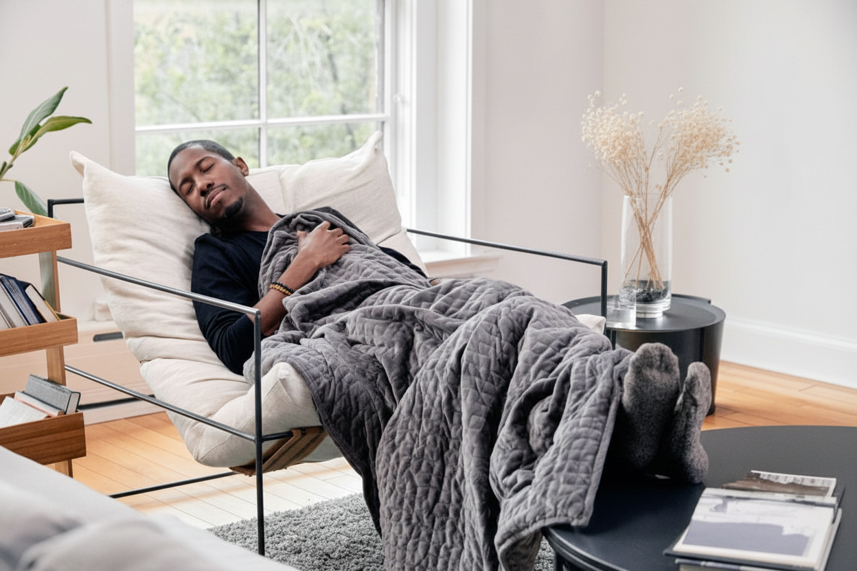 Grey Weighted Blanket Man Reclining Lifestyle