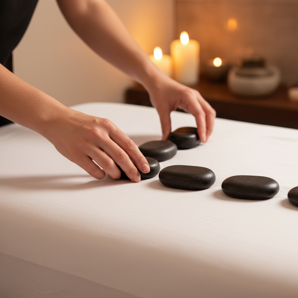 Hot Stone Massage on Bamboo Sheet Detail