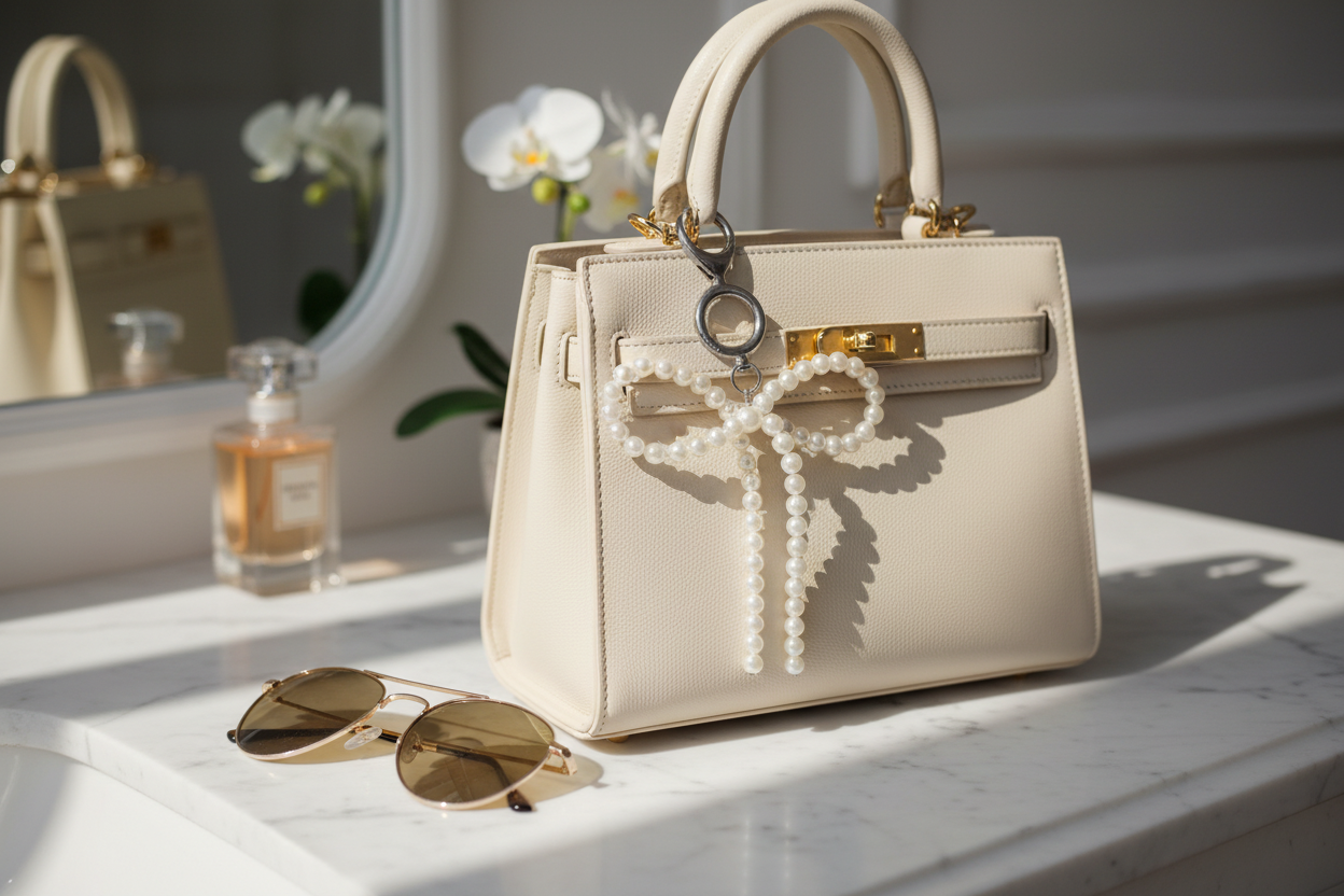 Lifestyle mockup of pearl bow bag charm