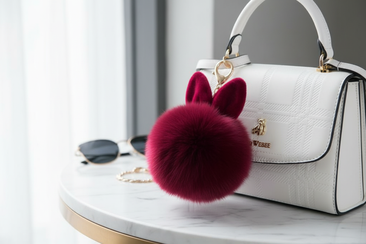 Close-up of a soft, fluffy maroon color rabbit plush bag charm attached to a white handbag, showcasing the tactile sensory texture.