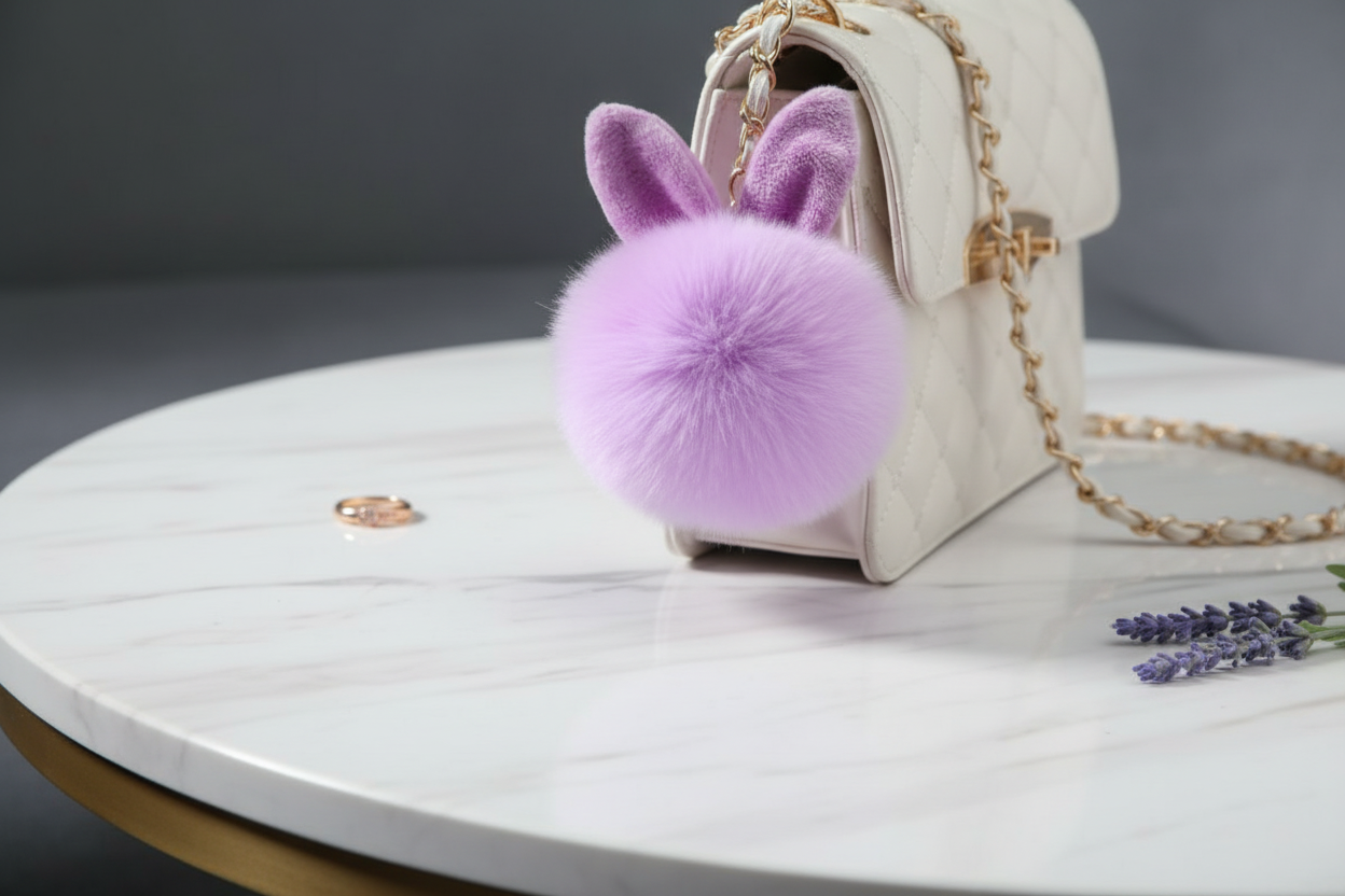 Close-up of a soft, fluffy  lavender rabbit plush bag charm attached to a white handbag, showcasing the tactile sensory texture.