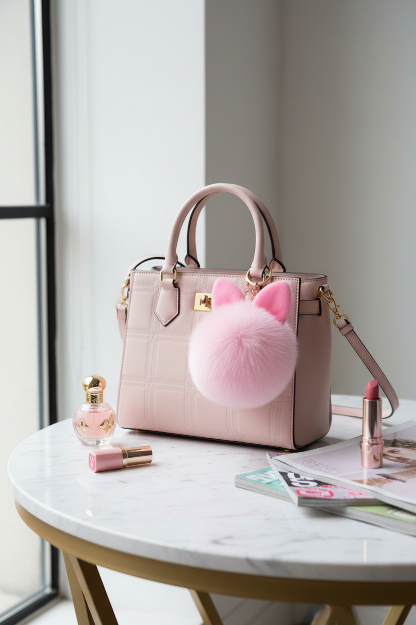 Close-up of a soft, fluffy pink rabbit plush bag charm attached to a pink handbag, showcasing the tactile sensory texture.