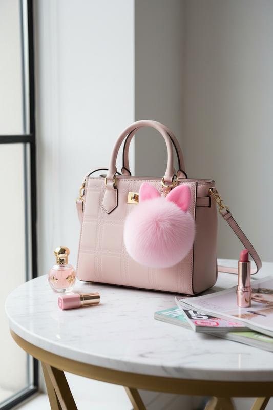 Close-up of a soft, fluffy pink rabbit plush bag charm attached to a pink handbag, showcasing the tactile sensory texture.