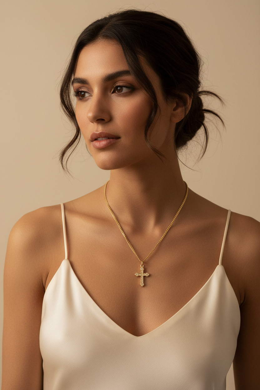 Woman wearing a gold necklace with a cross pendant against a beige background