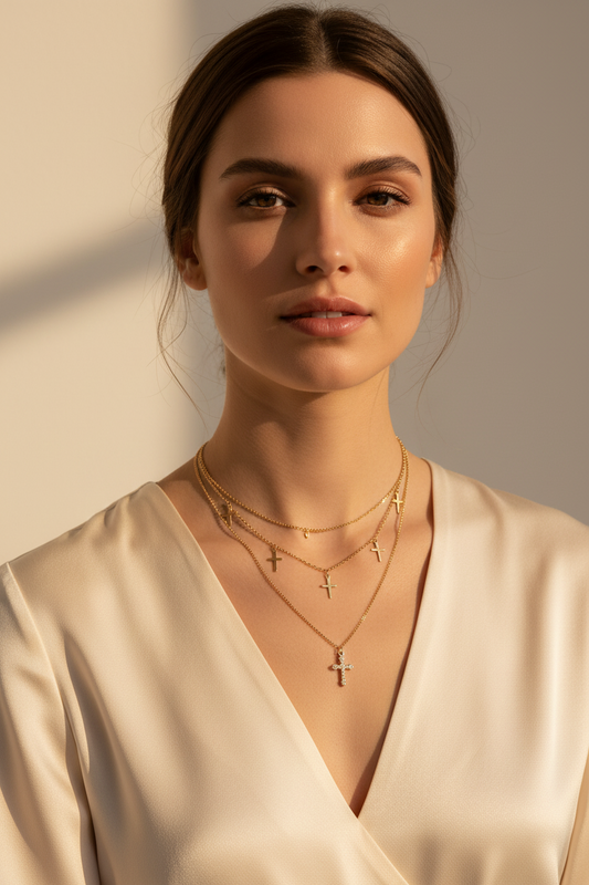 Woman wearing gold necklaces with a neutral background