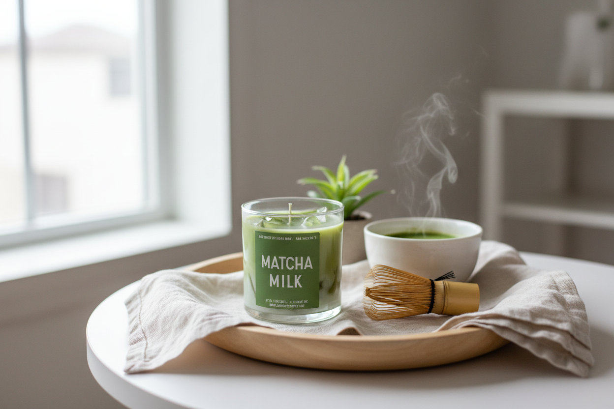 Matcha Candle on a Tray Next to a Steaming Cup of Matcha 