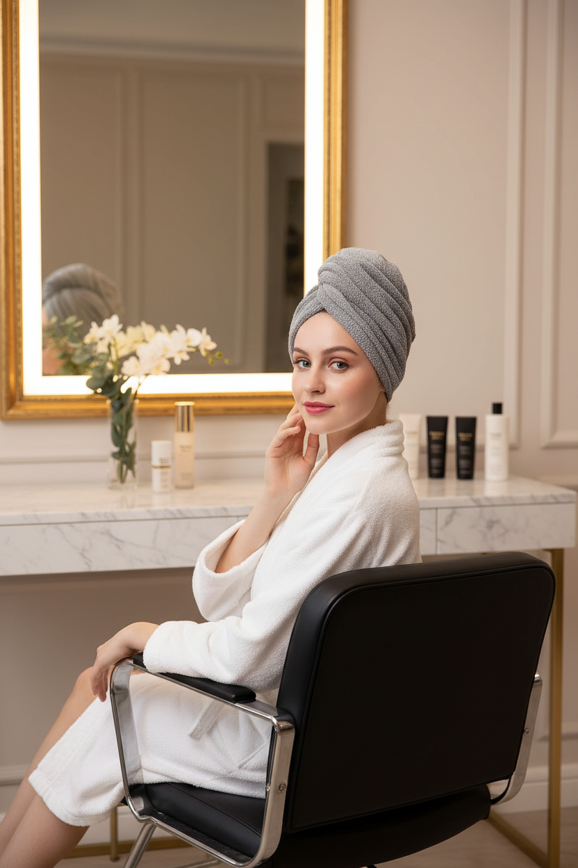 Woman drying her hair in a Microfiber Hair Towel Wrap in a Luxury Salon 