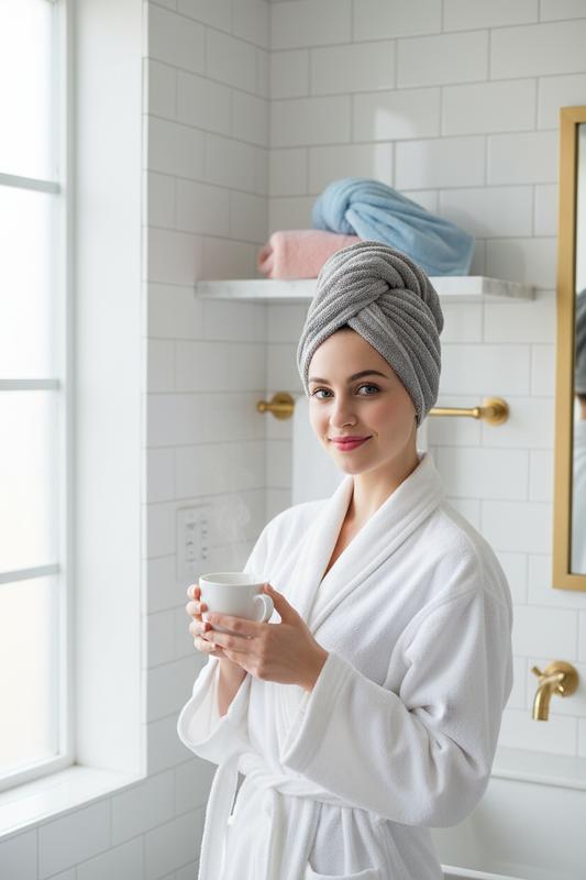 Woman wearing a Microfiber Hair Towel Wrap  in her spa bathroom
