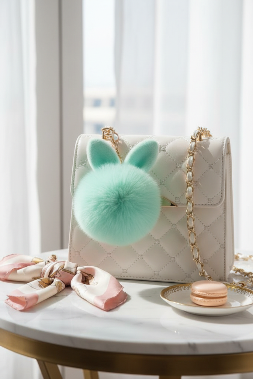 Close-up of a soft, mint green rabbit plush bag charm attached to a white handbag, showcasing the tactile sensory texture.