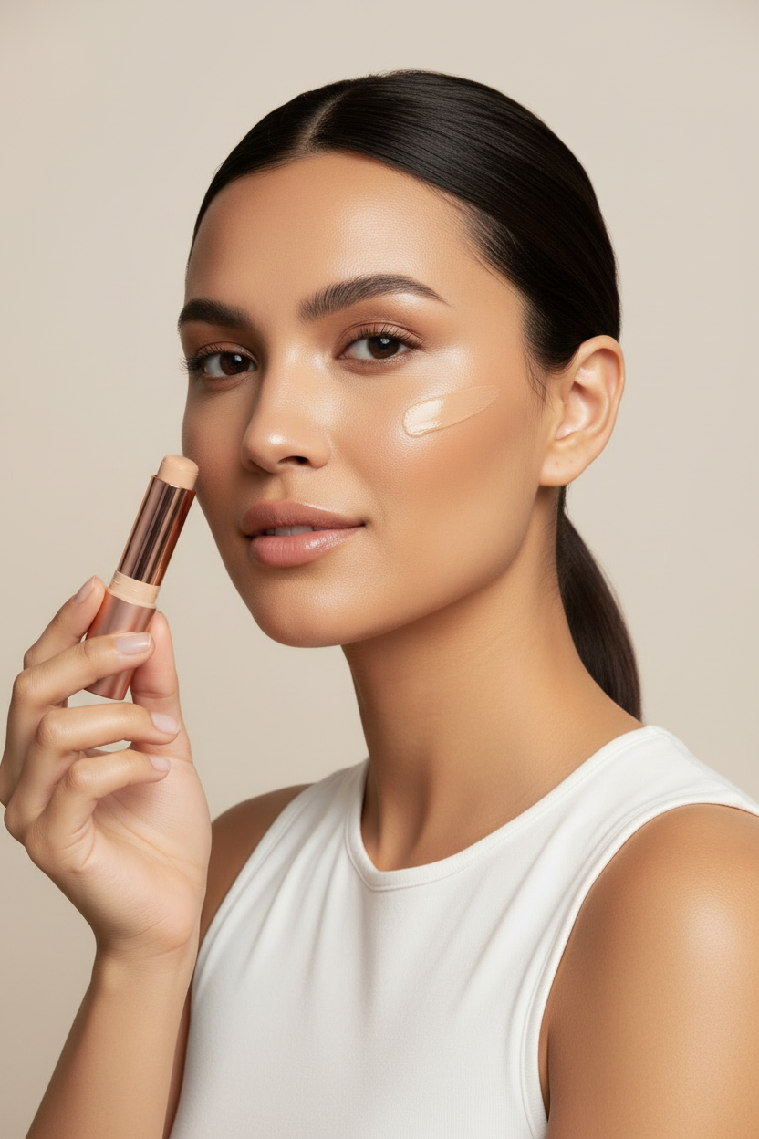 Model Applying Foundation to Cheek