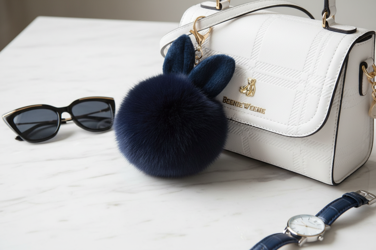 Close-up of a soft, fluffy navy rabbit plush bag charm attached to a white handbag, showcasing the tactile sensory texture.