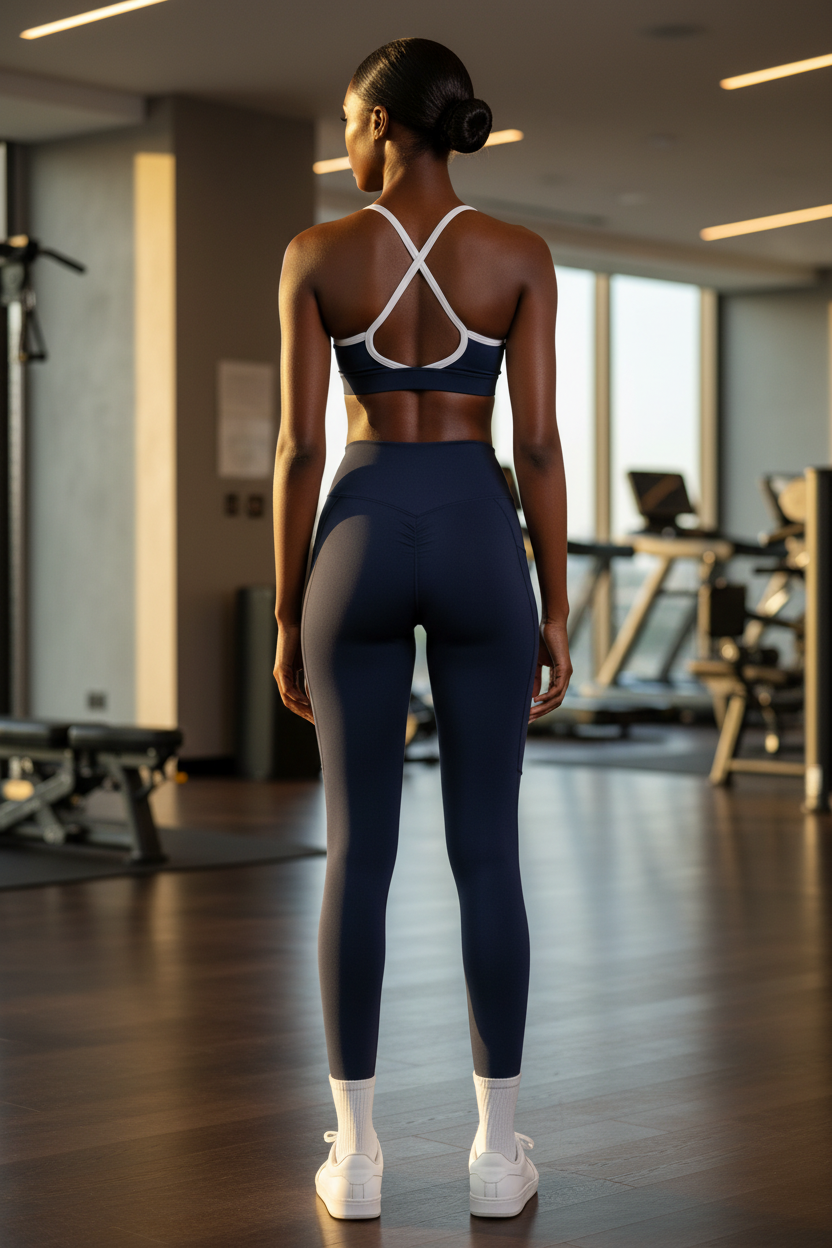 Navy Set — Black Model Back View Full Length