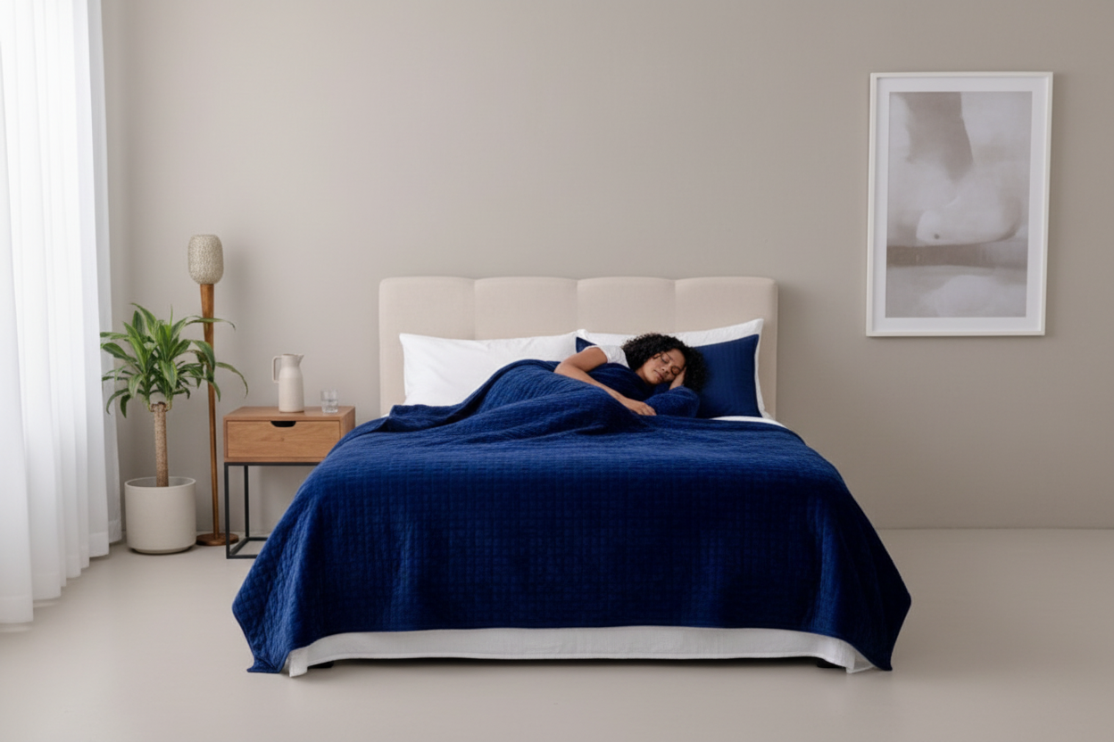 Navy Weighted Blanket Lifestyle Improved
