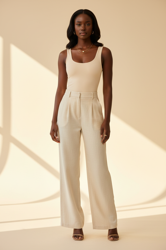 Nude Contour Tank Front Hero - Dark Skin, Cream Trousers