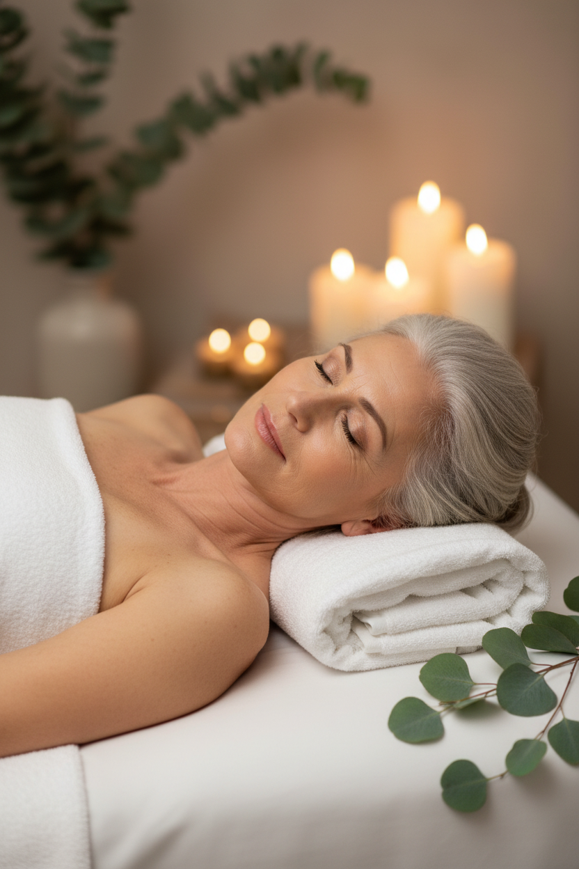 Older Woman Relaxing on Spa Bamboo Sheet