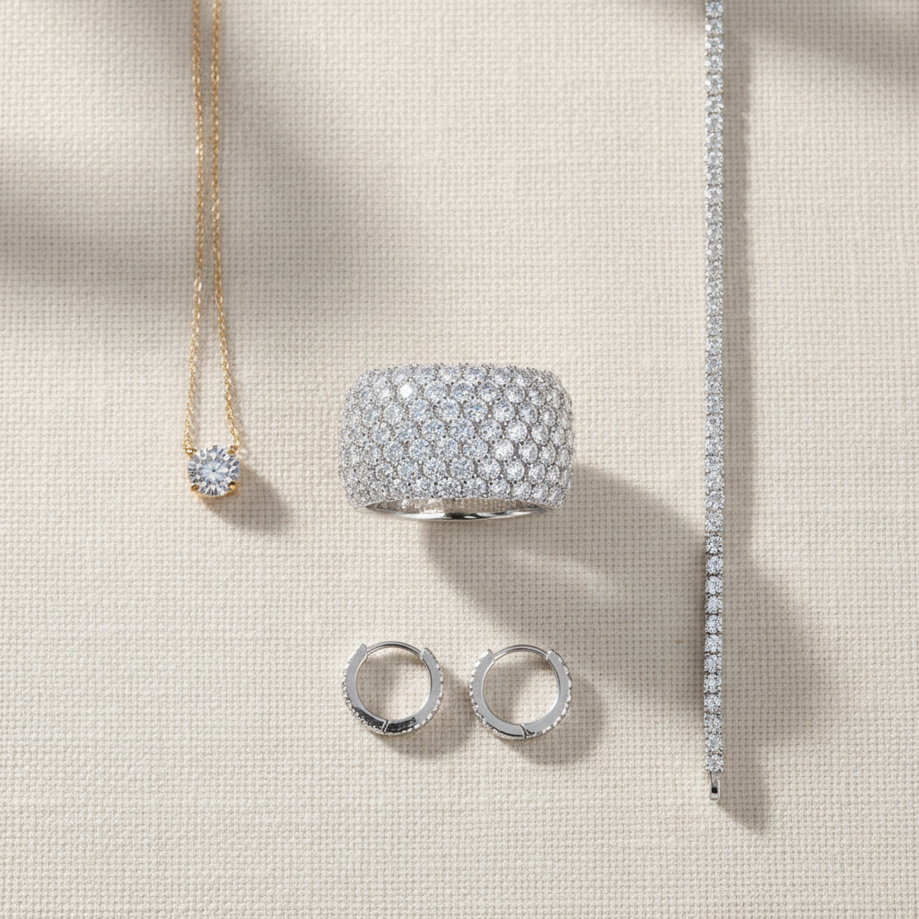 Pavé ring stacked jewelry flat lay - quiet luxury