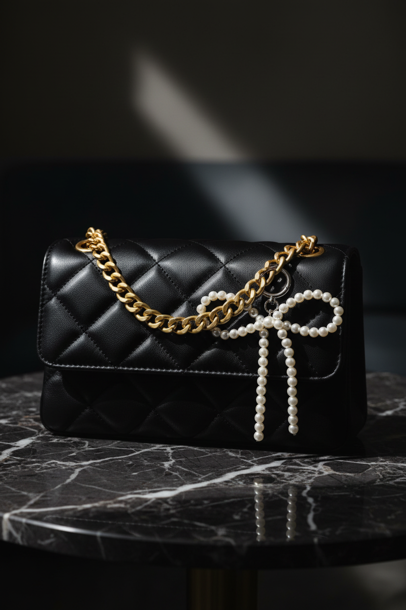 Pearl Bow Charm on Black Quilted Bag