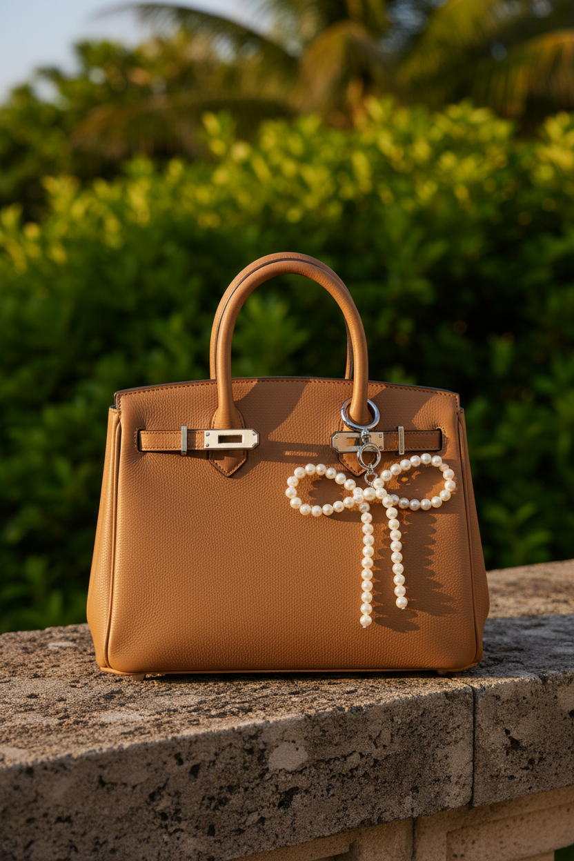 Pearl Bow Charm on Camel Satchel