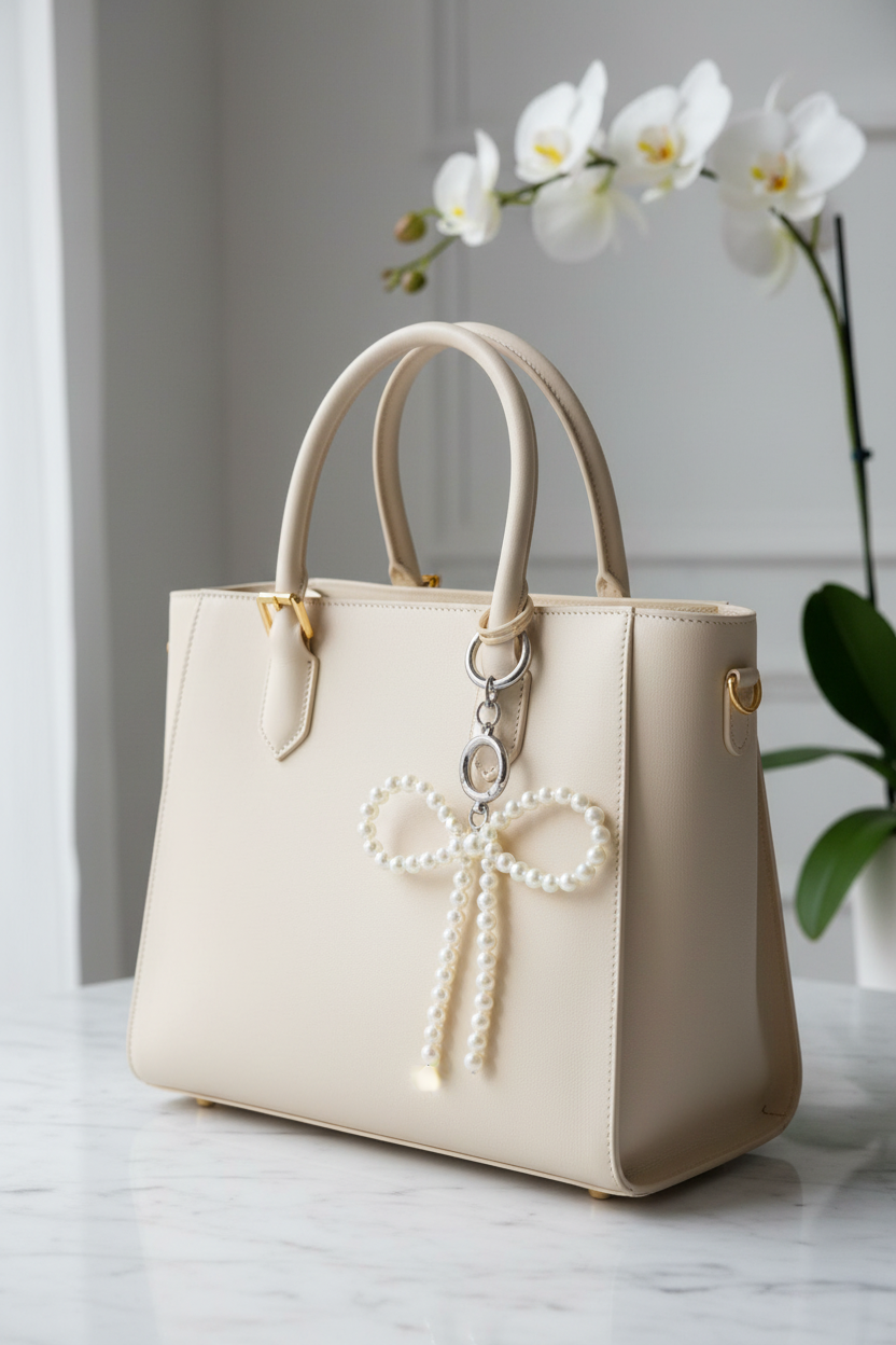 Pearl Bow Charm on Cream Tote