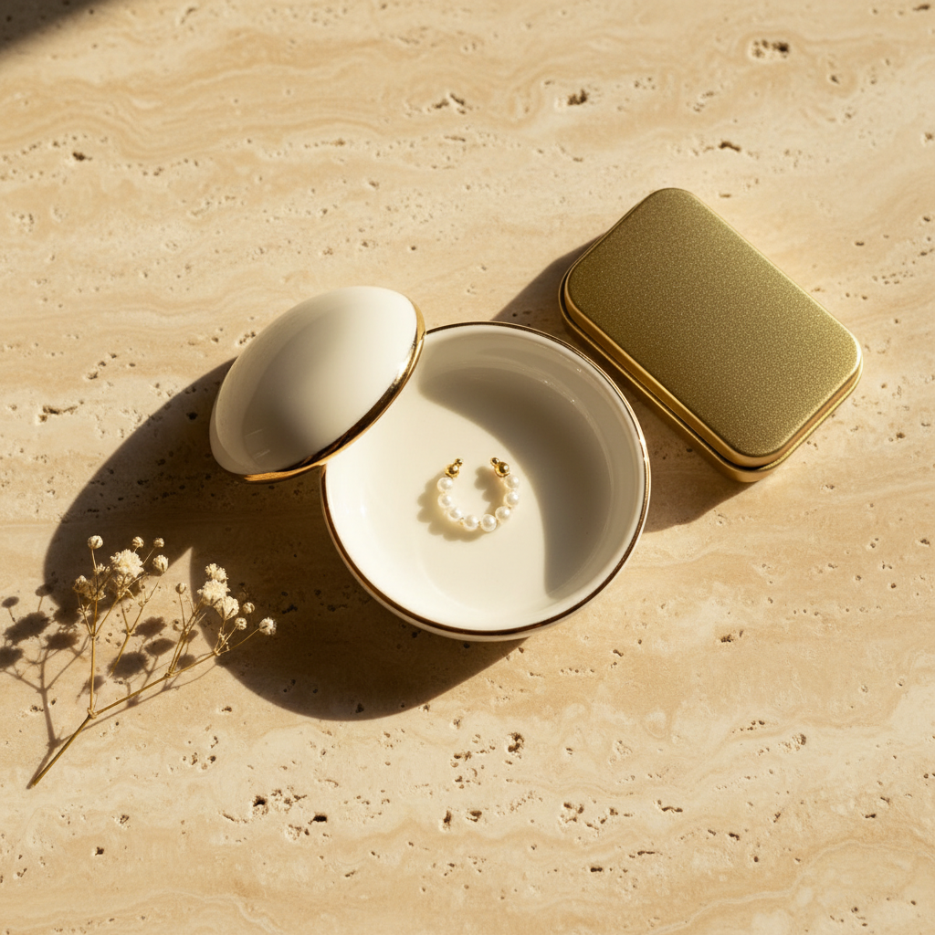 Pearl Ear Cuff - Travertine Dish Flat Lay