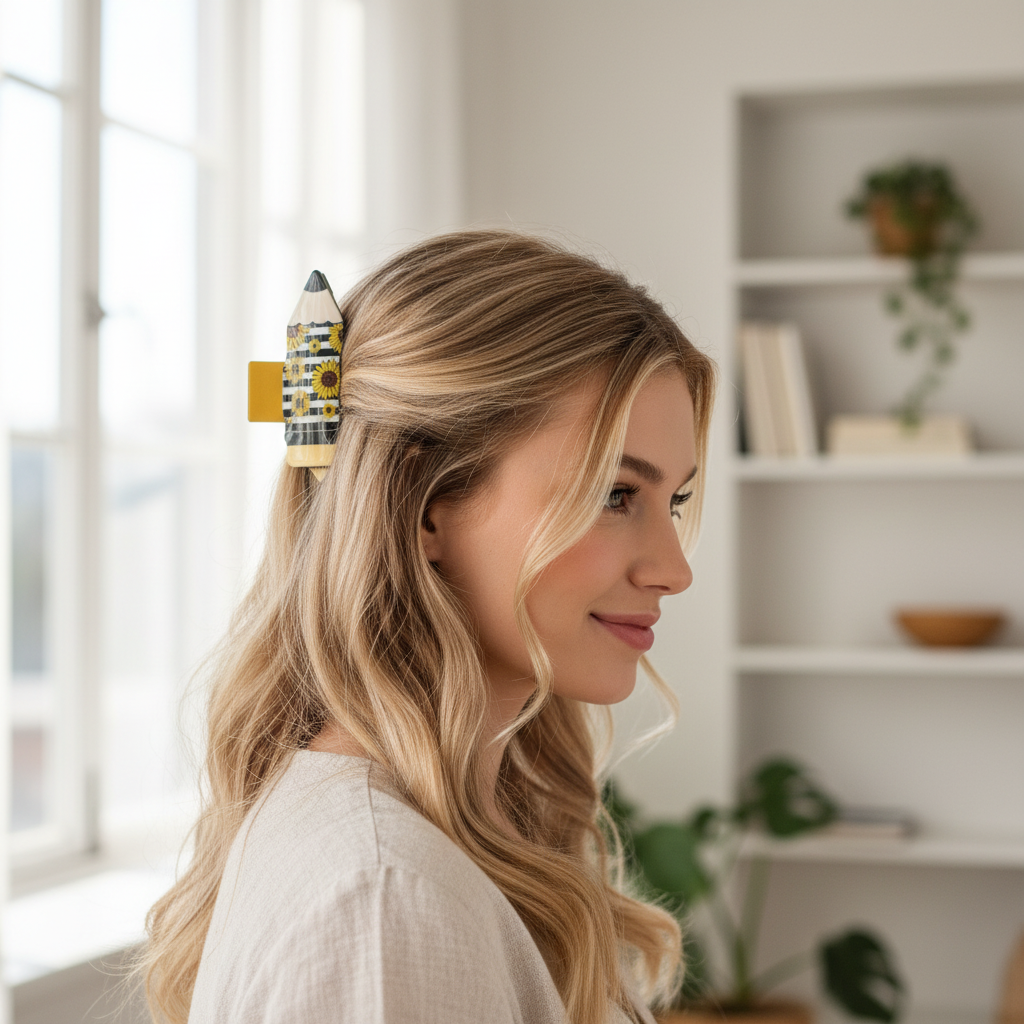 Woman with a unique hair clip in her blonde hair, smiling in a bright room.