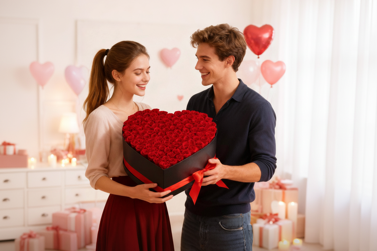 A photo of couple with a heart-shaped preserved box of red roses.