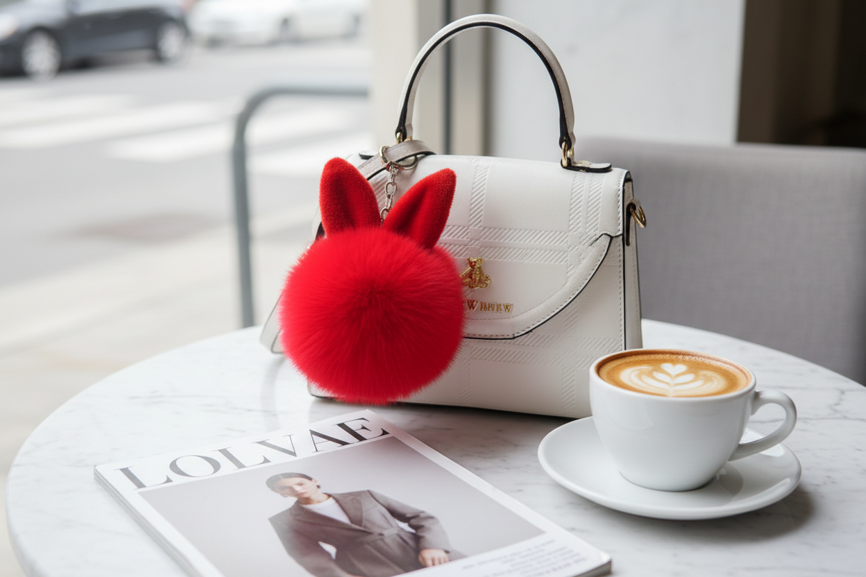 Close-up of a soft, fluffy red rabbit plush bag charm attached to a white handbag, showcasing the tactile sensory texture.