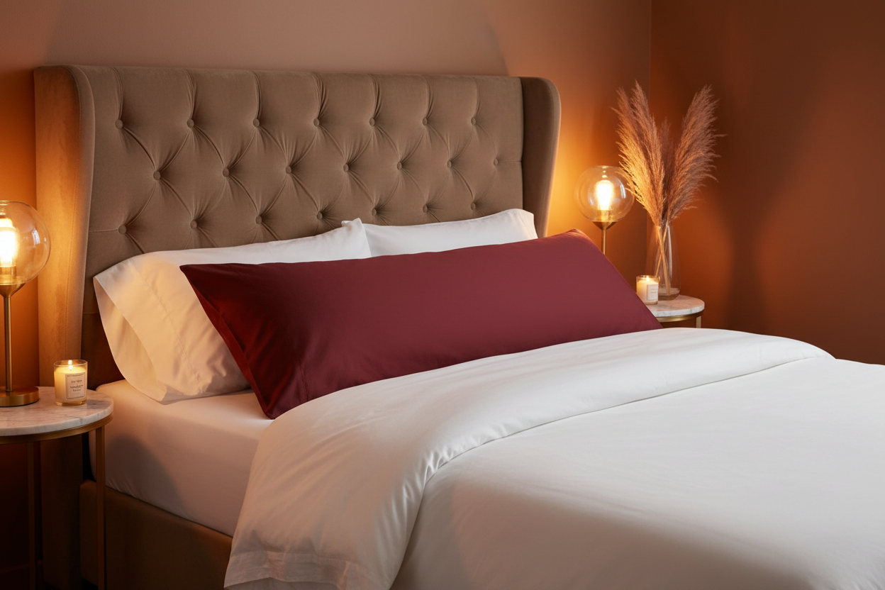 A serene bedroom scene featuring a  ruby red body pillow encased in a cooling bamboo cover, designed for pregnancy support and refined side-sleeping comfort.