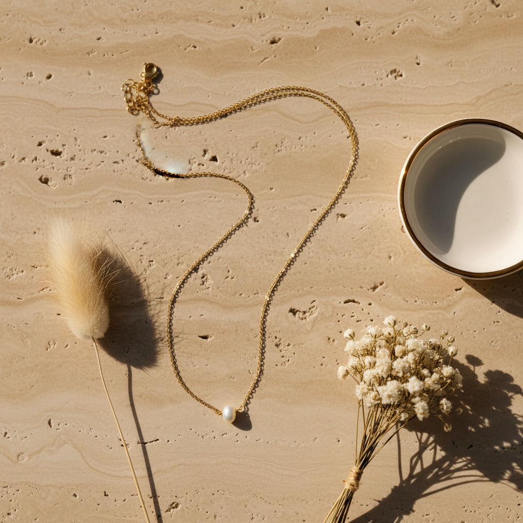 Single Pearl Necklace - Travertine Flat Lay