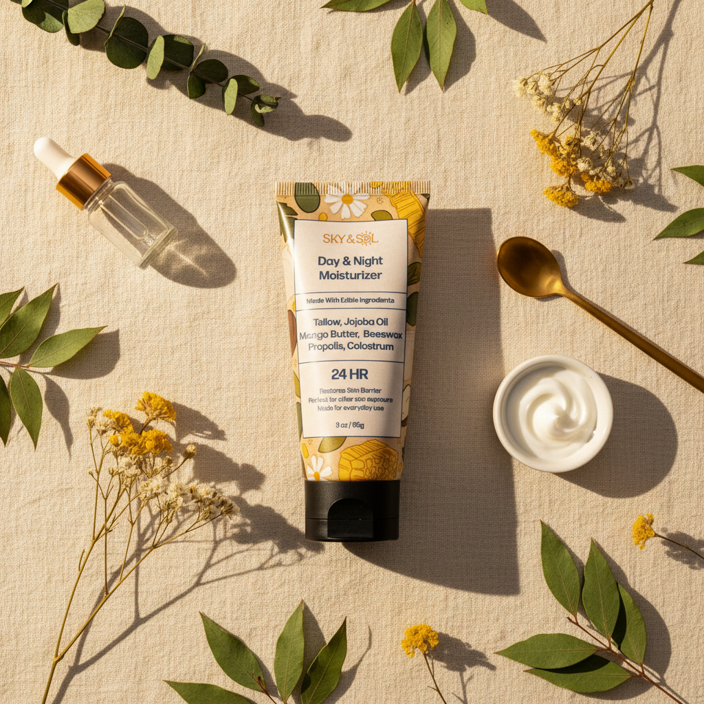 Sky & Sol Moisturizer Flat Lay - Linen Botanicals