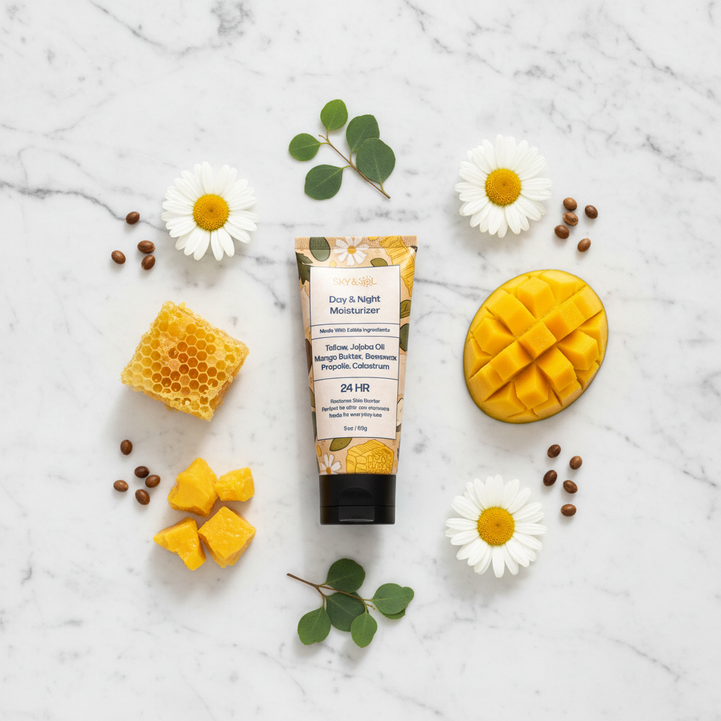 Sky & Sol Moisturizer Flat Lay - Marble Ingredients