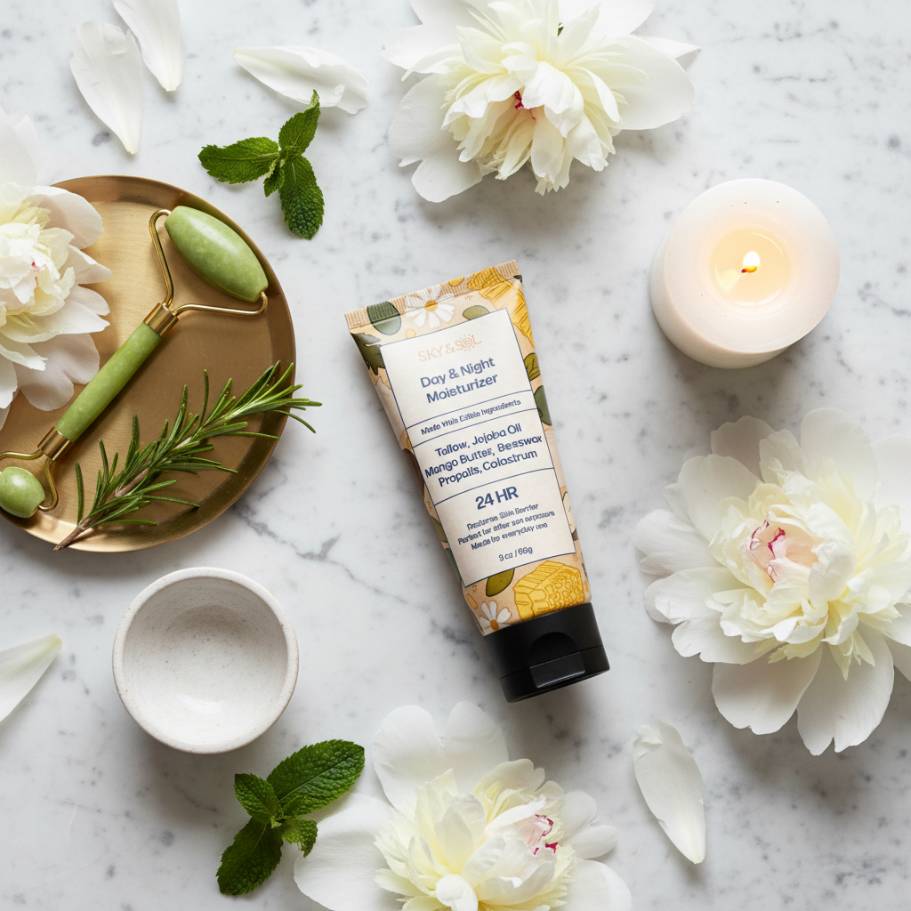 Sky & Sol Moisturizer Flat Lay - Spa Candlelight
