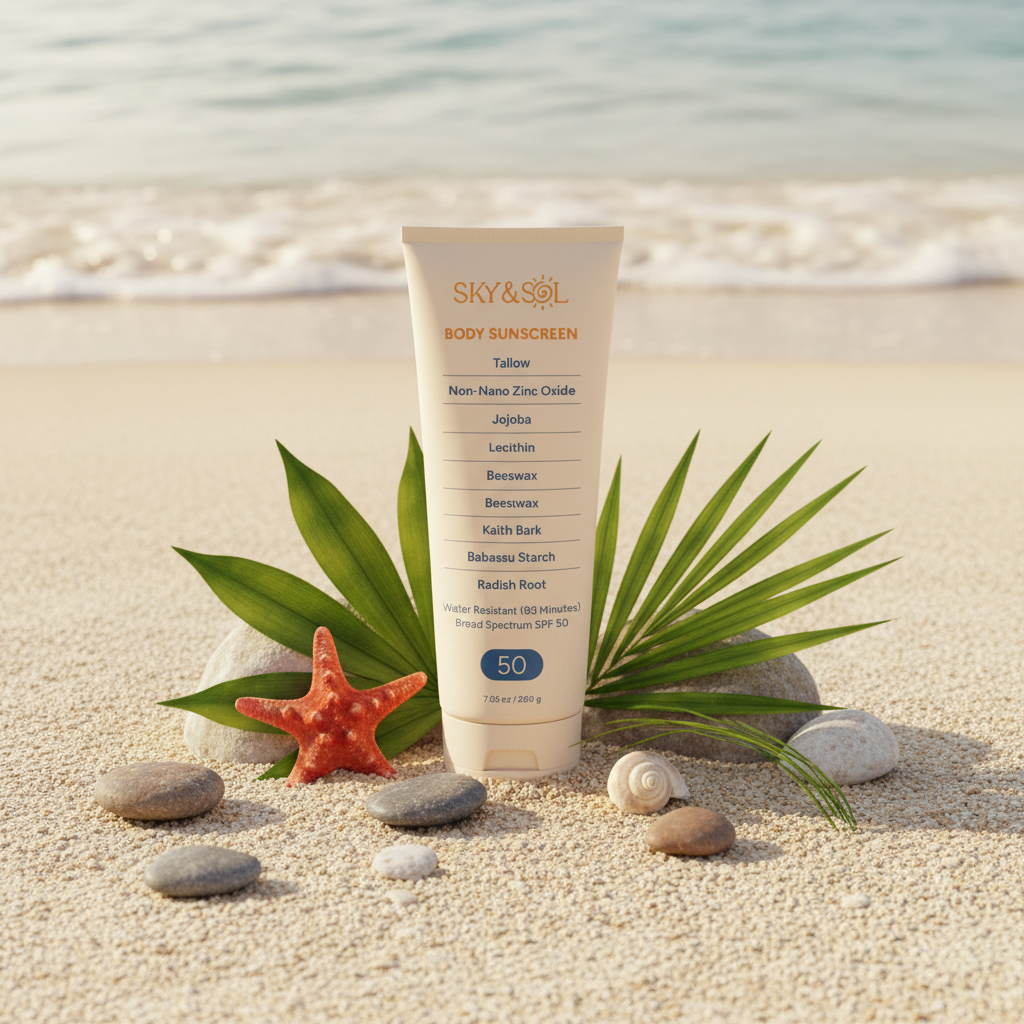 Sky & Sol Sunscreen Flat Lay - Beach Sand