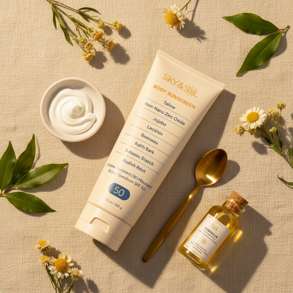 Sky & Sol Sunscreen Flat Lay - Linen Botanicals
